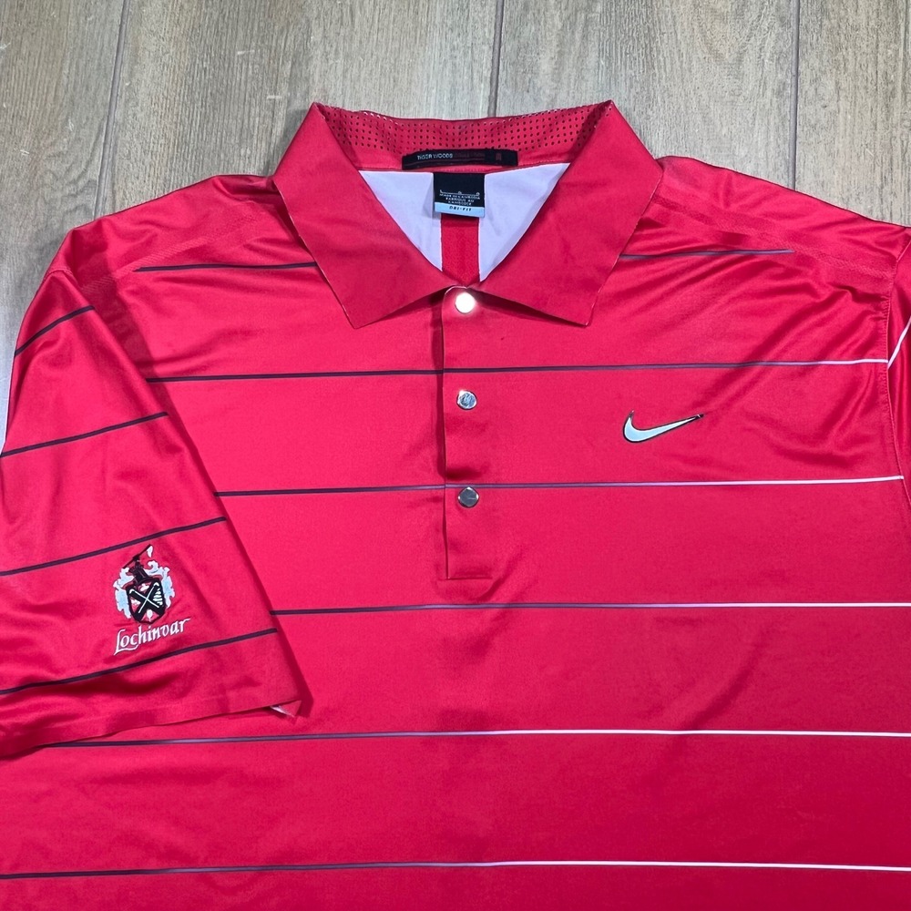 Nike Tiger Woods Lochinvar Dri-FIT Striped Golf Polo Red 457989-607 Mens Large
